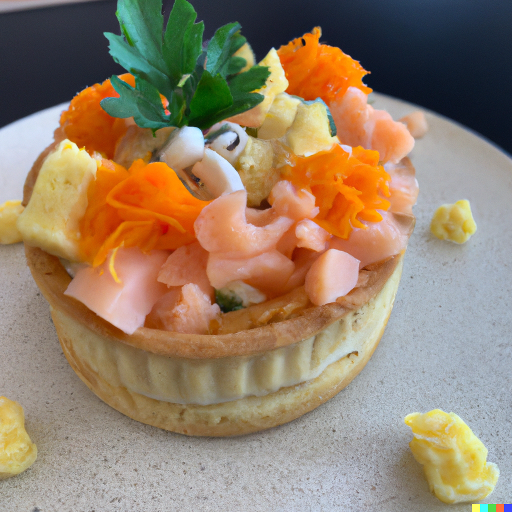 Exotische viscake met zalm en schelpdieren